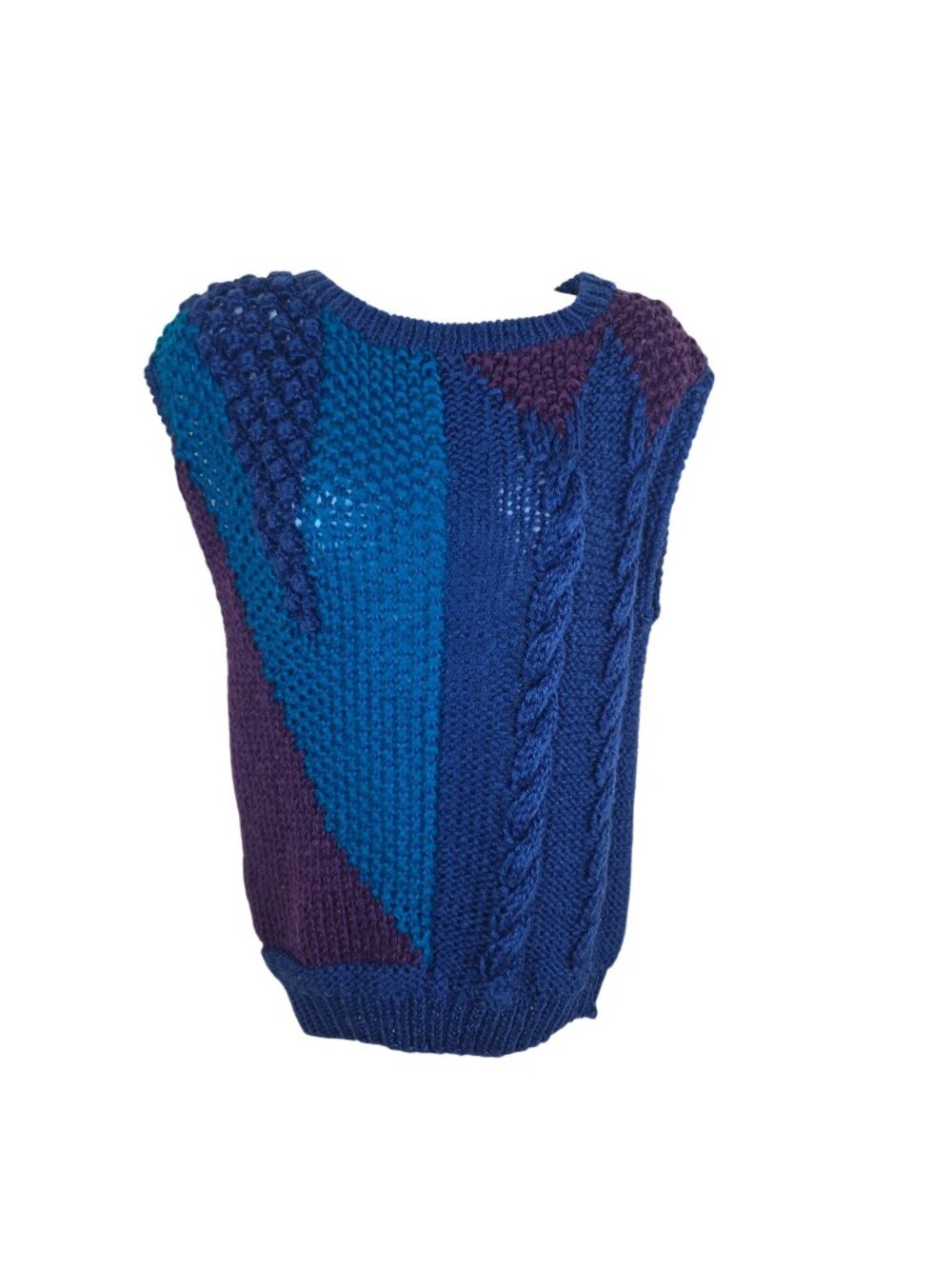 Vintage 80s Chunky Knit Sleeveless Sweater Vest Blue Purple Womens M